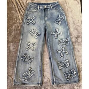 Romwe Light Wash Wide Leg Denim Jeans Applique Patch 12 Streetwear Pants 32X28